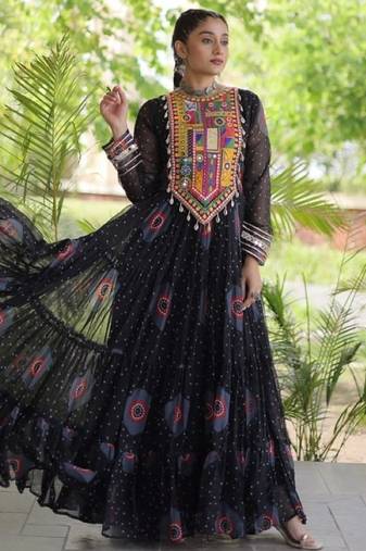 Black georgette readymade navratri anarkali with bandhani & kutchi patchework