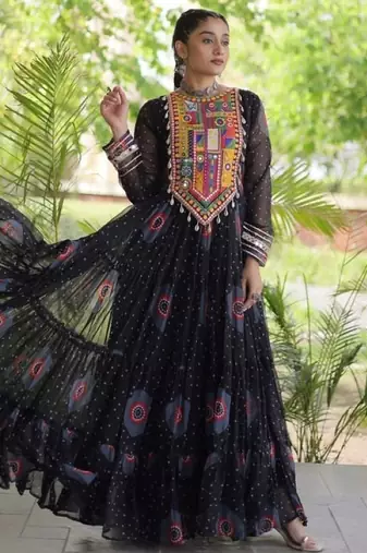 Black georgette readymade navratri anarkali with bandhani & kutchi patchework