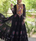 Black georgette readymade navratri anarkali with bandhani & kutchi patchework
