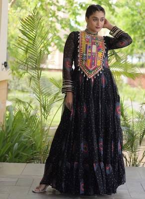 Black georgette readymade navratri anarkali with bandhani & kutchi patchework 2