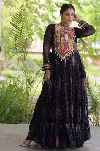 Black georgette readymade navratri anarkali with bandhani & kutchi patchework