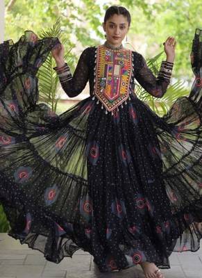 Black georgette readymade navratri anarkali with bandhani & kutchi patchework 3