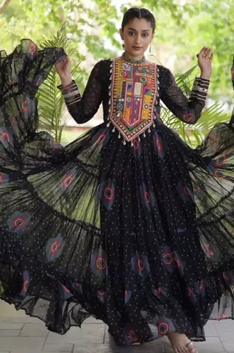 Black georgette readymade navratri anarkali with bandhani & kutchi patchework