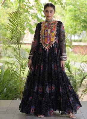 Black georgette readymade navratri anarkali with bandhani & kutchi patchework 4