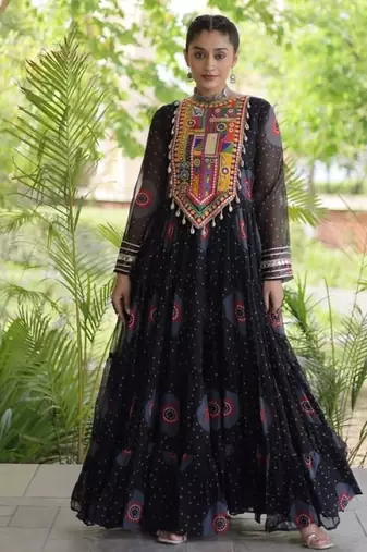 Black georgette readymade navratri anarkali with bandhani & kutchi patchework