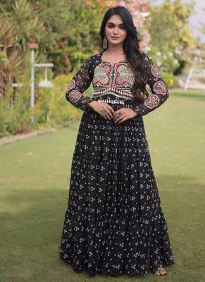 Black georgette readymade navratri anarkali with bandhani & kutchi patchework 1