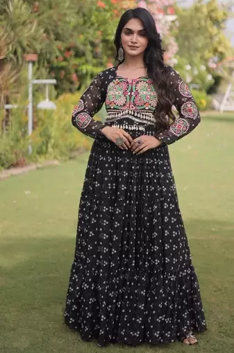 Black georgette readymade navratri anarkali with bandhani & kutchi patchework