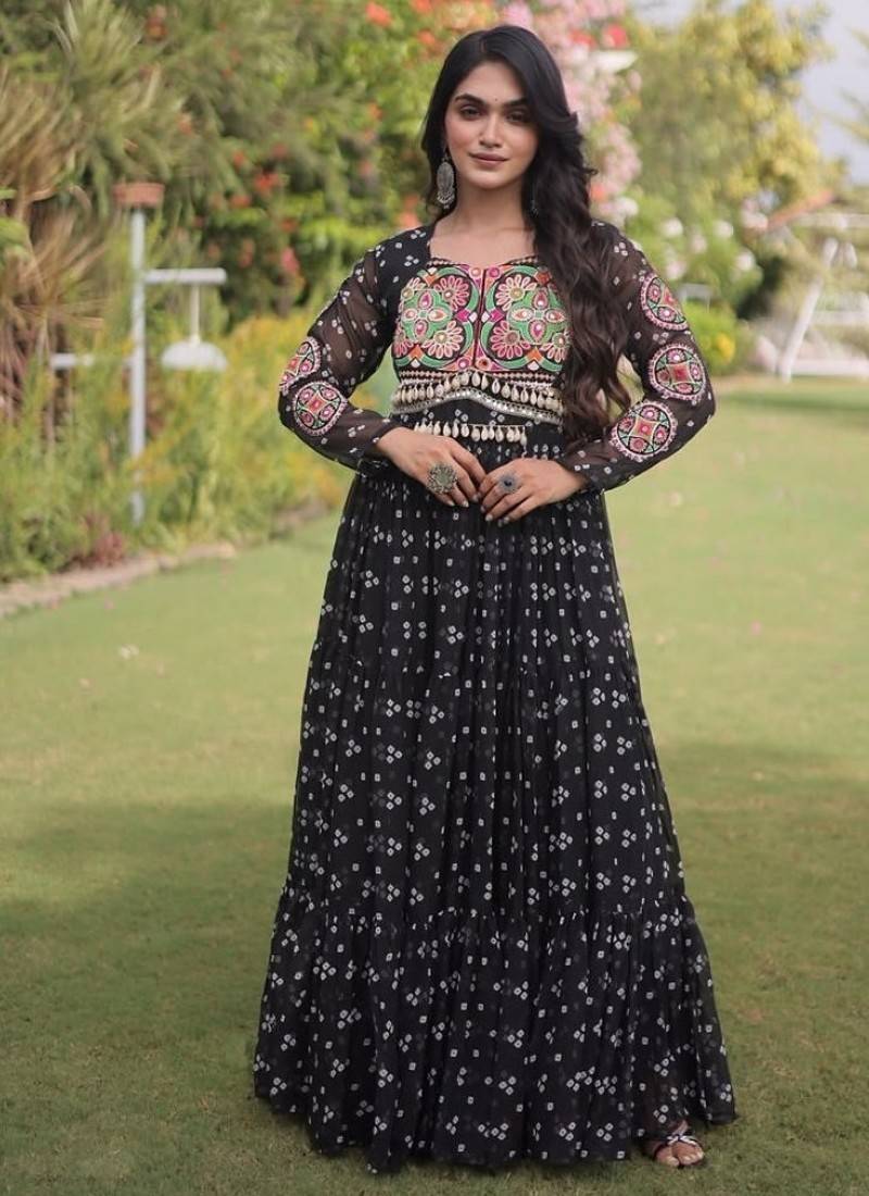 Black georgette readymade navratri anarkali with bandhani & kutchi patchework