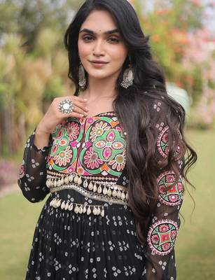 Black georgette readymade navratri anarkali with bandhani & kutchi patchework 2