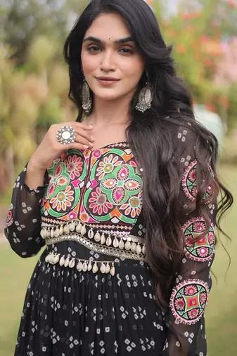 Black georgette readymade navratri anarkali with bandhani & kutchi patchework