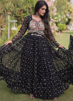 Black georgette readymade navratri anarkali with bandhani & kutchi patchework 3