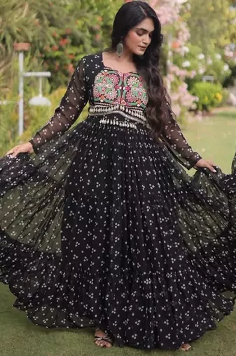Black georgette readymade navratri anarkali with bandhani & kutchi patchework