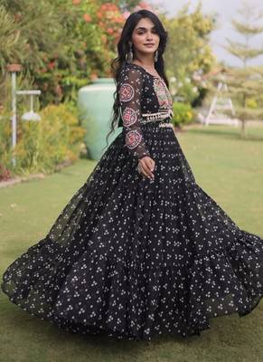 Black georgette readymade navratri anarkali with bandhani & kutchi patchework 4