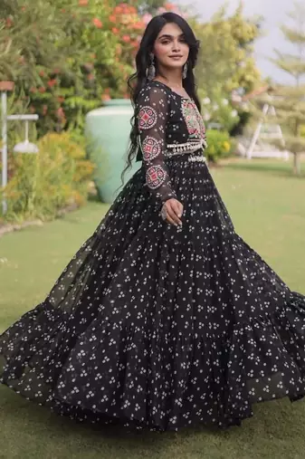 Black georgette readymade navratri anarkali with bandhani & kutchi patchework