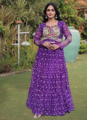 Violet georgette readymade navratri anarkali with bandhani & kutchi patchework 1