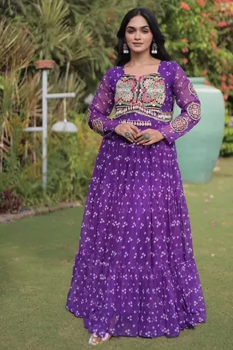 Violet georgette readymade navratri anarkali with bandhani & kutchi patchework
