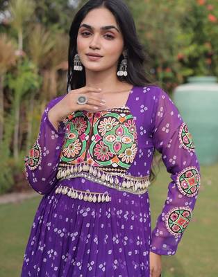 Violet georgette readymade navratri anarkali with bandhani & kutchi patchework 2