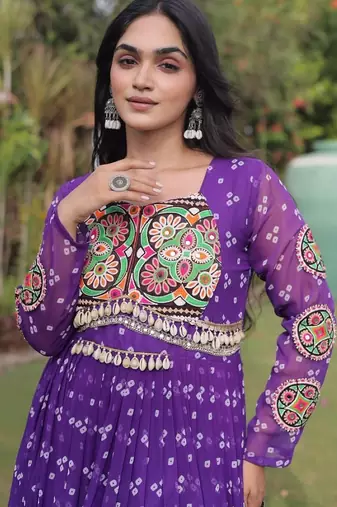 Violet georgette readymade navratri anarkali with bandhani & kutchi patchework