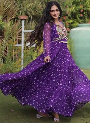 Violet georgette readymade navratri anarkali with bandhani & kutchi patchework 3