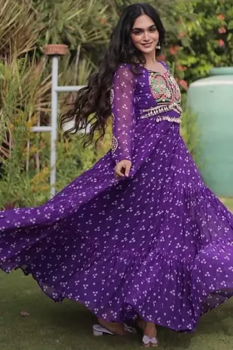 Violet georgette readymade navratri anarkali with bandhani & kutchi patchework