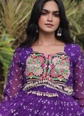 Violet georgette readymade navratri anarkali with bandhani & kutchi patchework 4