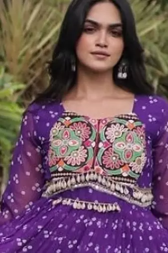 Violet georgette readymade navratri anarkali with bandhani & kutchi patchework