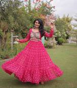 Rani georgette readymade navratri anarkali with bandhani & kutchi patchework