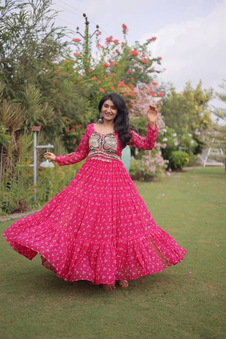 Rani georgette readymade navratri anarkali with bandhani & kutchi patchework