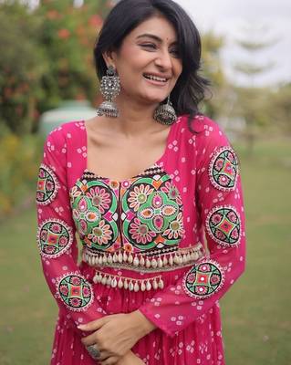 Rani georgette readymade navratri anarkali with bandhani & kutchi patchework 2