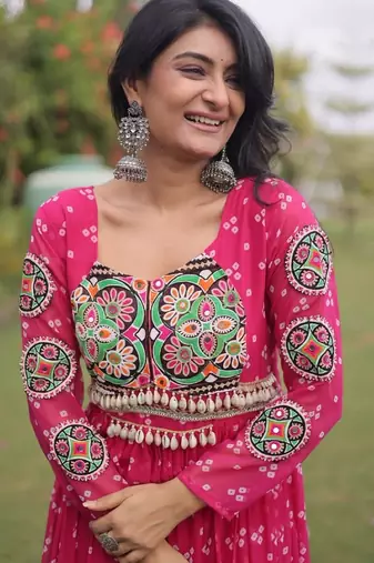 Rani georgette readymade navratri anarkali with bandhani & kutchi patchework