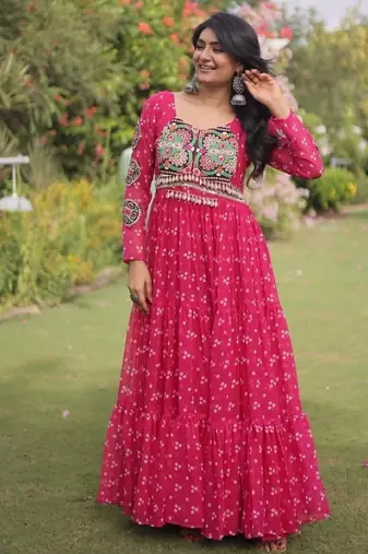 Rani georgette readymade navratri anarkali with bandhani & kutchi patchework