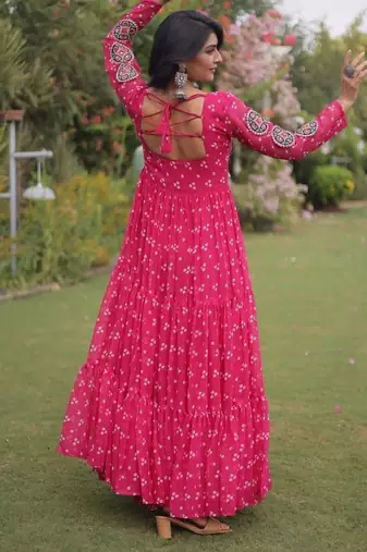 Rani georgette readymade navratri anarkali with bandhani & kutchi patchework