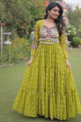 Olive georgette readymade navratri anarkali with bandhani & kutchi patchework