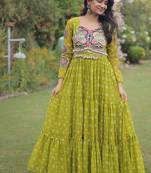 Olive georgette readymade navratri anarkali with bandhani & kutchi patchework