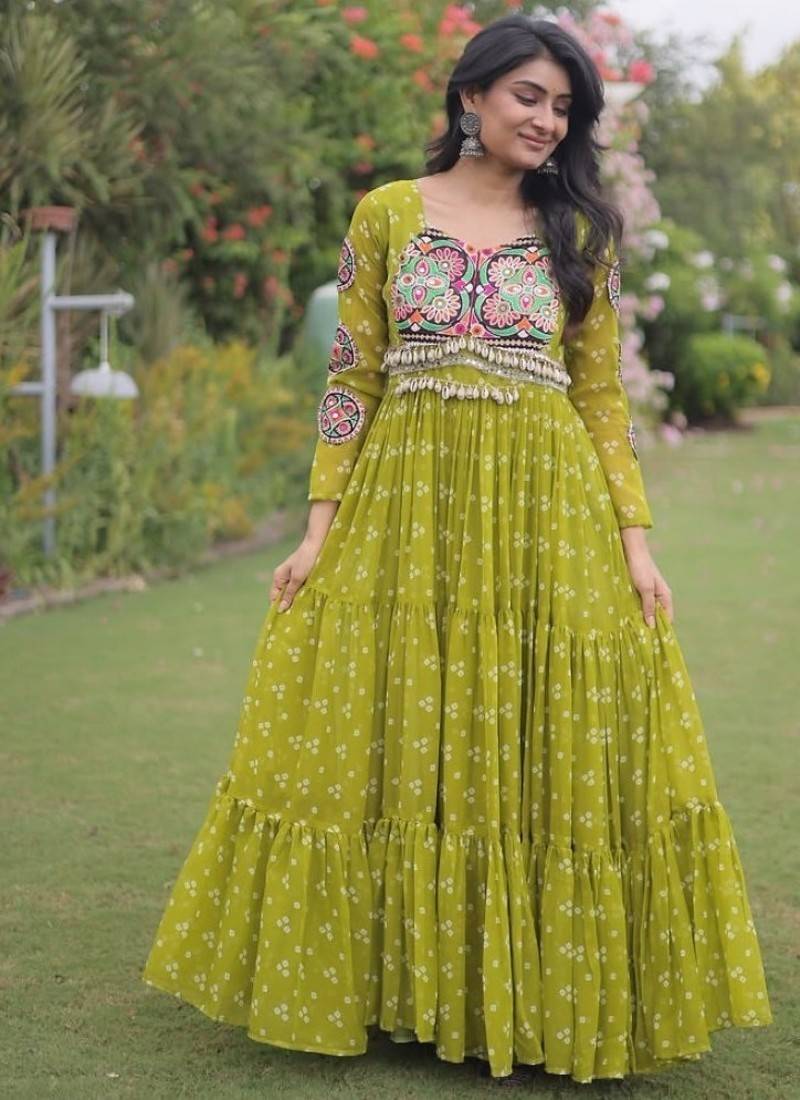 Olive georgette readymade navratri anarkali with bandhani & kutchi patchework