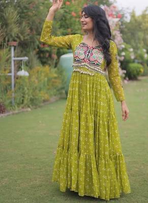 Olive georgette readymade navratri anarkali with bandhani & kutchi patchework 2