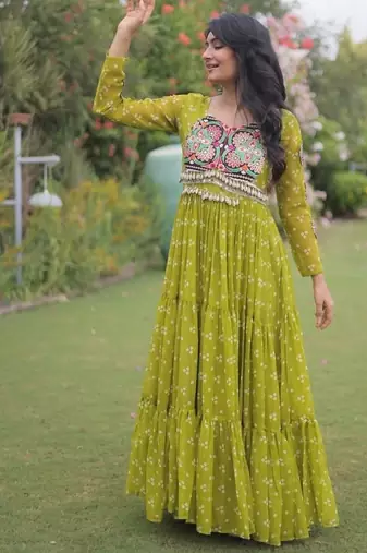 Olive georgette readymade navratri anarkali with bandhani & kutchi patchework