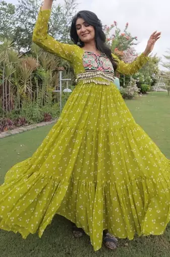 Olive georgette readymade navratri anarkali with bandhani & kutchi patchework