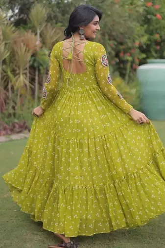 Olive georgette readymade navratri anarkali with bandhani & kutchi patchework