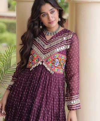 Maroon georgette readymade navratri anarkali with bandhani & kutchi patchework 1