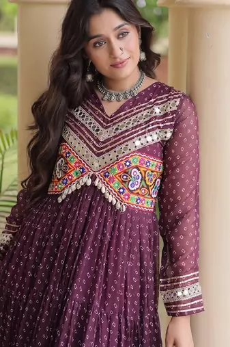 Maroon georgette readymade navratri anarkali with bandhani & kutchi patchework