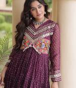 Maroon georgette readymade navratri anarkali with bandhani & kutchi patchework