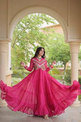 Rani georgette readymade navratri anarkali with bandhani & kutchi patchework 1