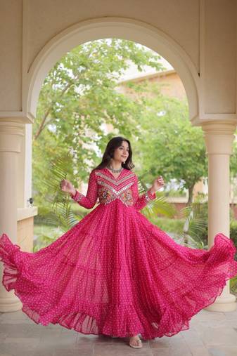 Rani georgette readymade navratri anarkali with bandhani & kutchi patchework