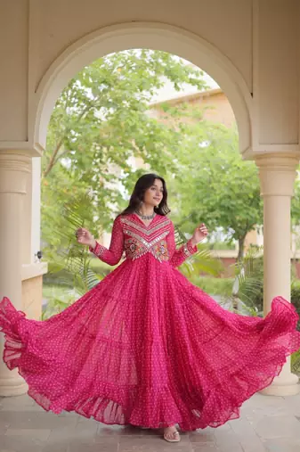 Rani georgette readymade navratri anarkali with bandhani & kutchi patchework
