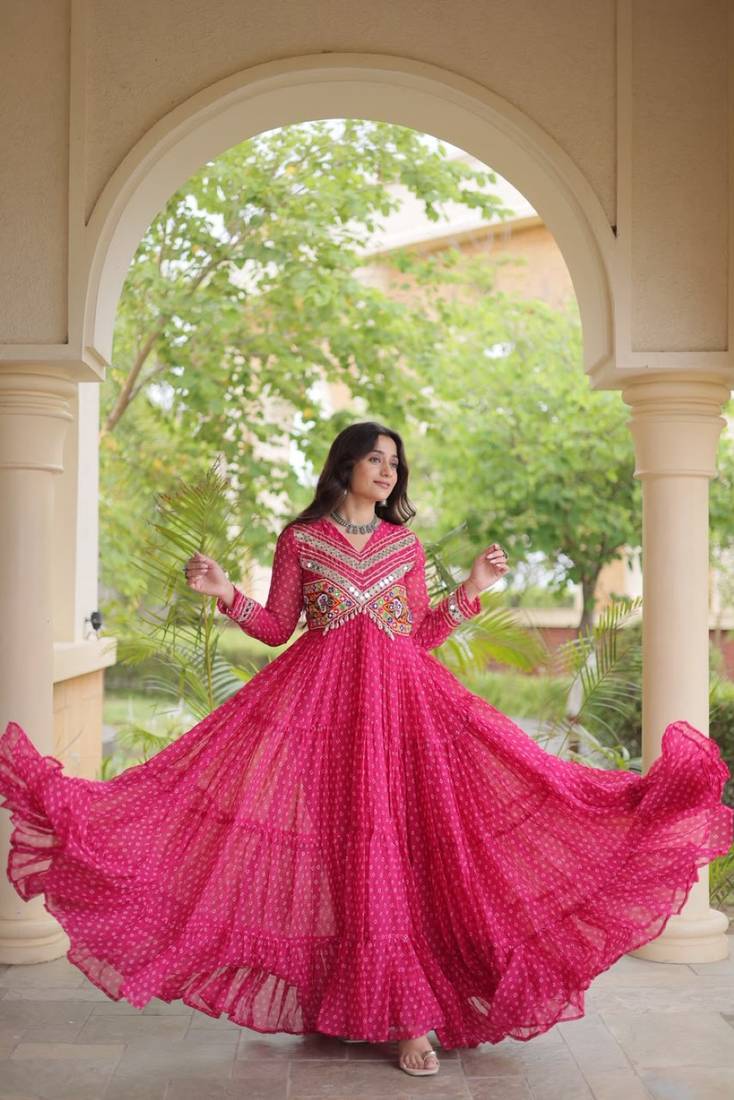 Rani georgette readymade navratri anarkali with bandhani & kutchi patchework