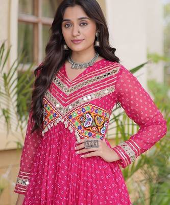Rani georgette readymade navratri anarkali with bandhani & kutchi patchework 2