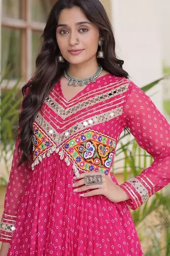 Rani georgette readymade navratri anarkali with bandhani & kutchi patchework