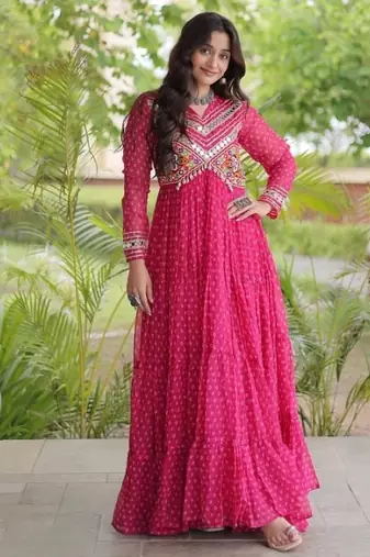 Rani georgette readymade navratri anarkali with bandhani & kutchi patchework