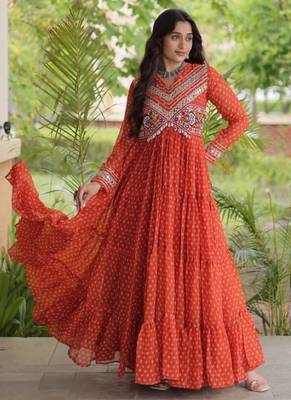 Orange georgette readymade navratri anarkali with bandhani & kutchi patchework 1